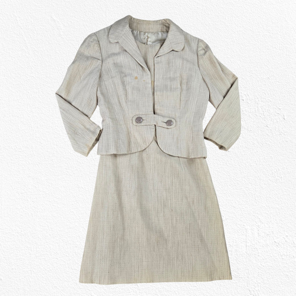 50s Vintage Adele Simpson Beige Tweed Blazer Sheath Classic Dress Set Size 2 - Picture 1 of 16